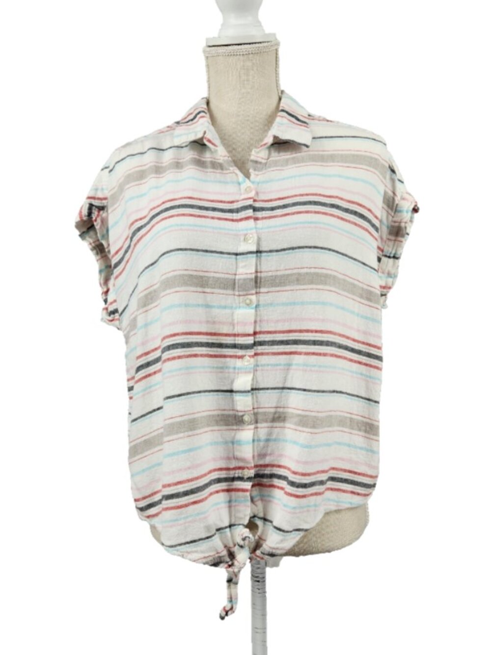 Washable Linen Shirt Womens L Button up Tie Waist Coastal Cap Sleeve Nuetral